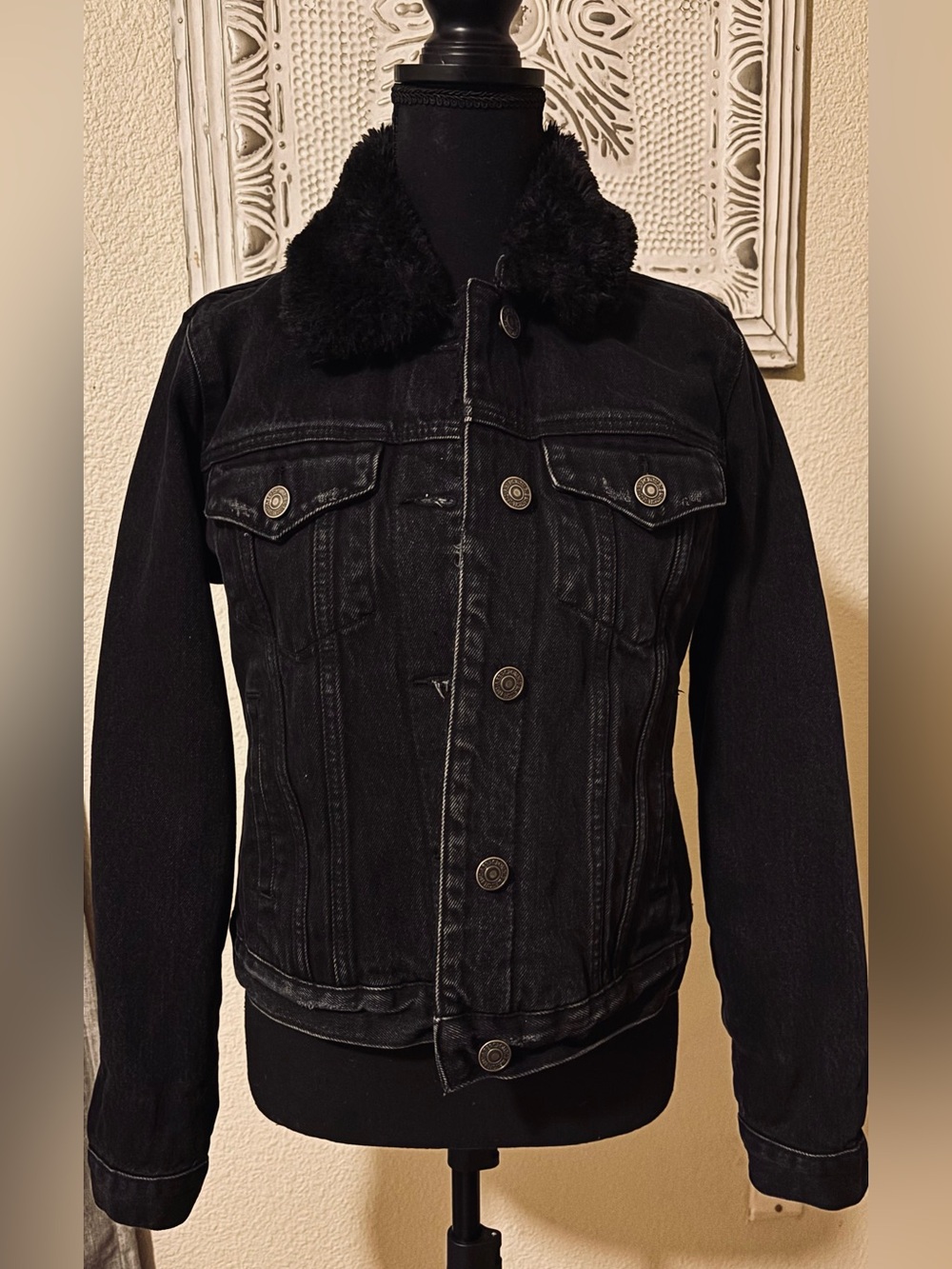 Abercrombie & Fitch Black Denim Jacket with Faux Fur Collar
